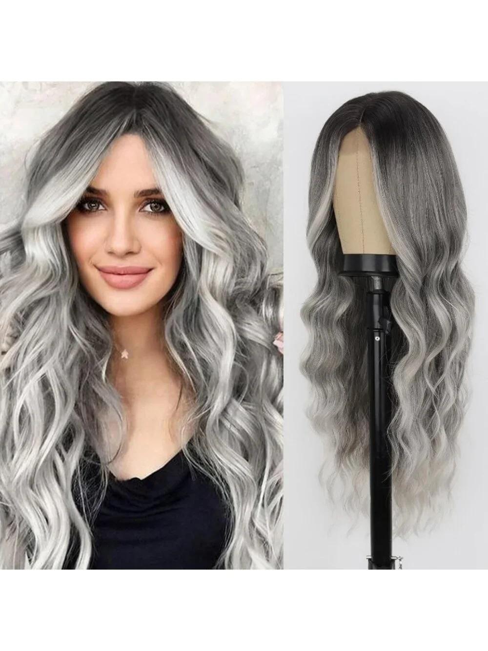 Women's Mix Grey 26 Inch Natural Synthetic Modern Long Curly Wavy Fiber Wigs